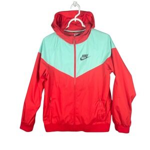 Vintage Nike Youth Windbreaker Hooded Jacket Red Aqua Color Block‎ Size XL READ